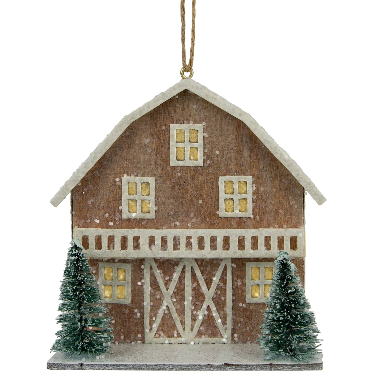 Northlight Battery Operated Lighted Rustic House with Trees Christmas Ornament - 4" - Brown
